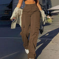 Women's High-Waist Wide-Leg Cargo Pants Flap-Pocket - Brown