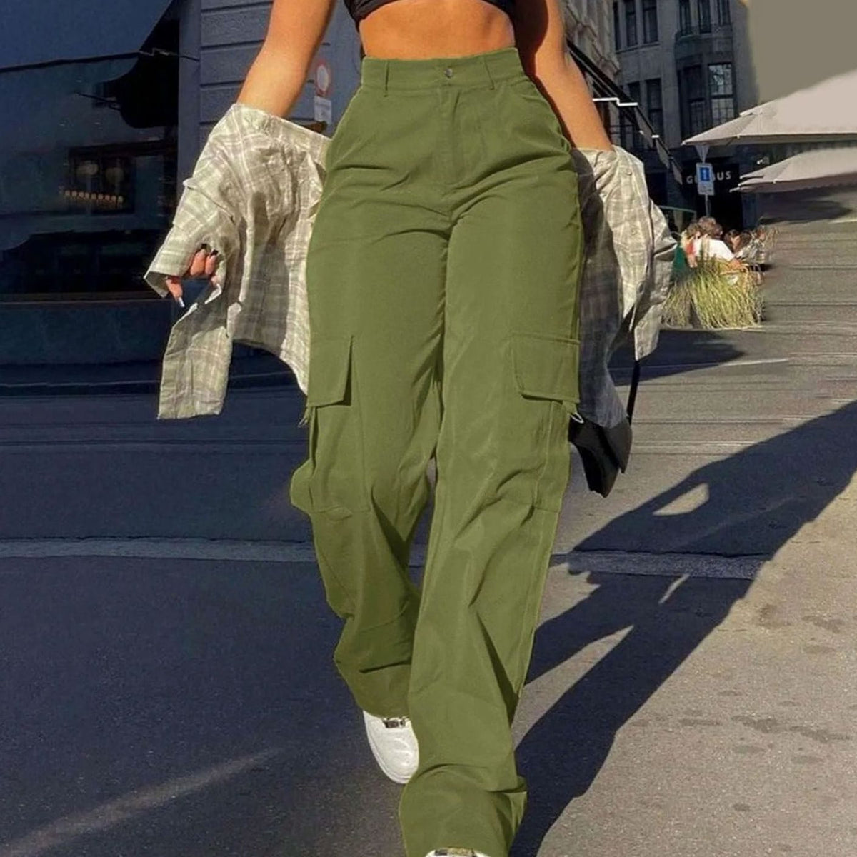 Women's High-Waist Wide-Leg Cargo Pants Flap-Pocket - Green