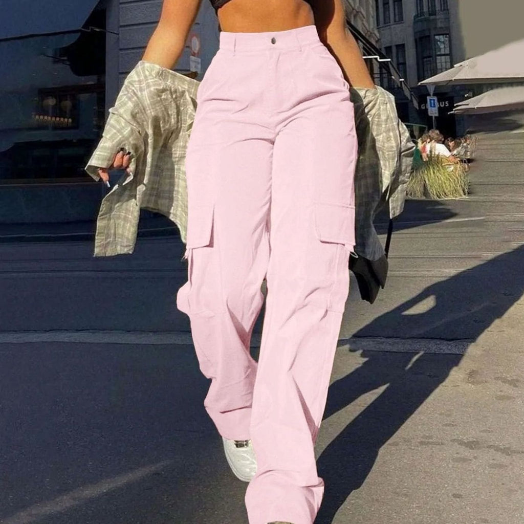 Women's High-Waist Wide-Leg Cargo Pants Flap-Pocket - Pink