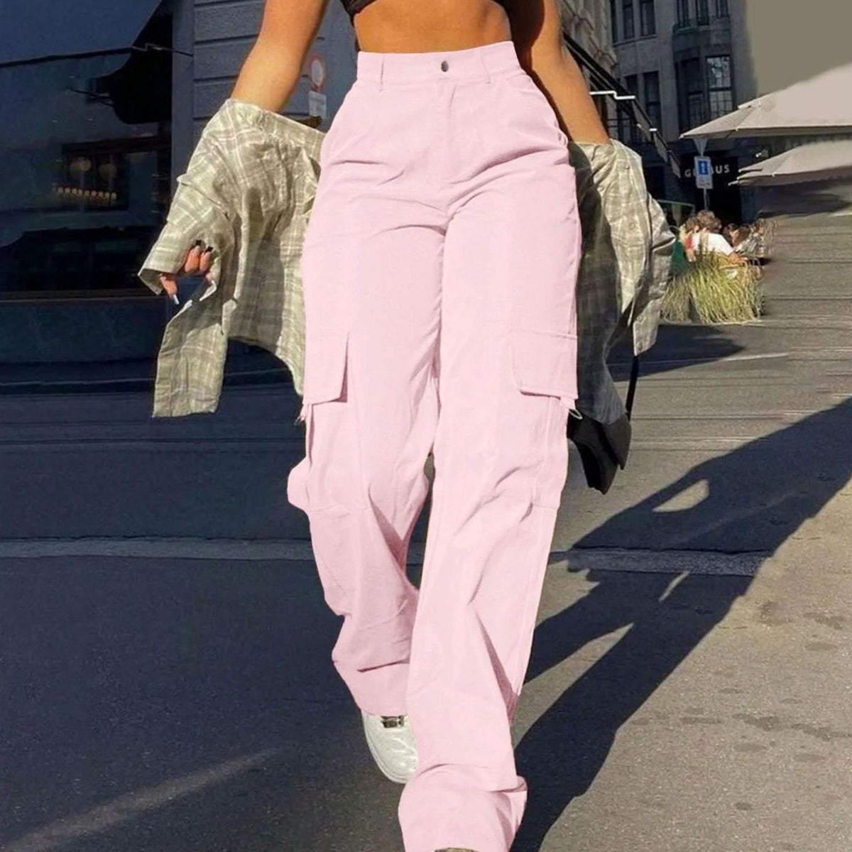 Women's High-Waist Wide-Leg Cargo Pants Flap-Pocket - Pink