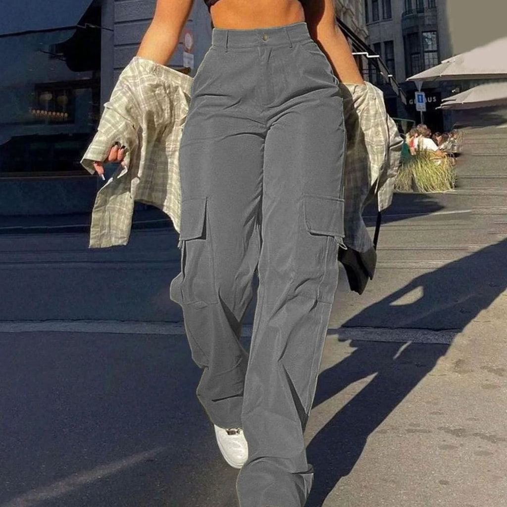 Women's High-Waist Wide-Leg Cargo Pants Flap-Pocket - Gray