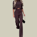 Women's High-Waist Wide-Leg Cropped Top Loungewear Sets - Brown