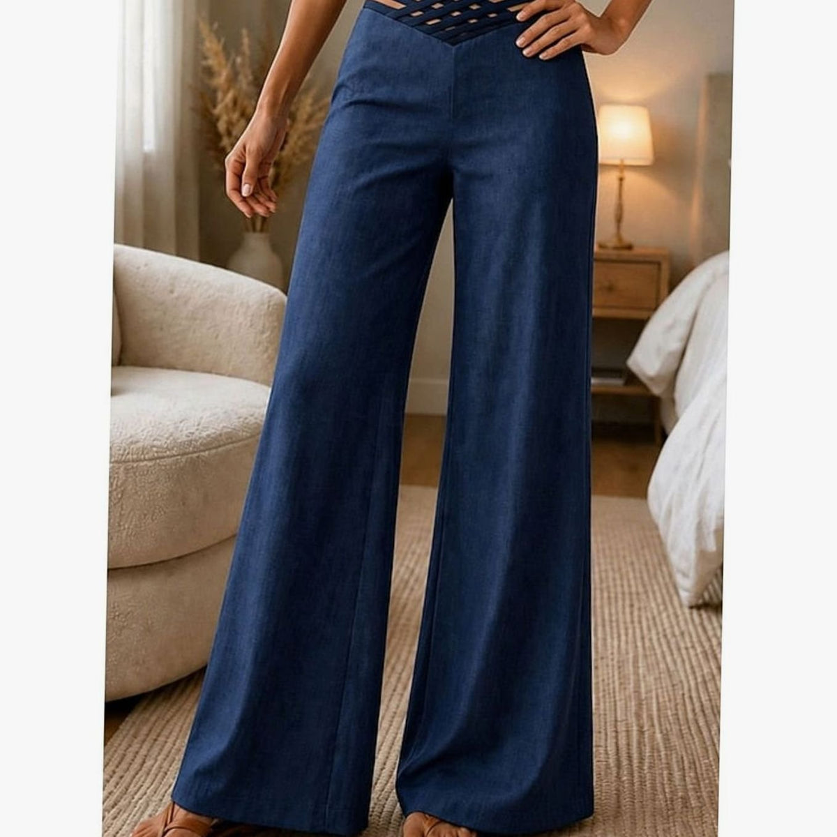 Women's High-Waist Wide-Leg Crossover Waistband Pants - Navy Blue