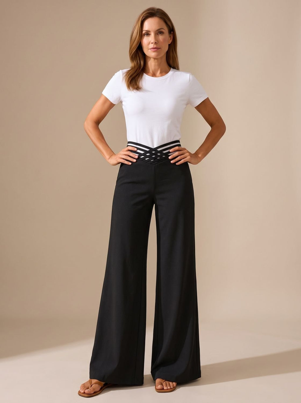 Women's High-Waist Wide-Leg Crossover Waistband Pants - Black