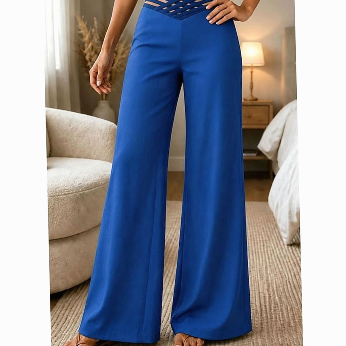 Women's High-Waist Wide-Leg Crossover Waistband Pants - Blue