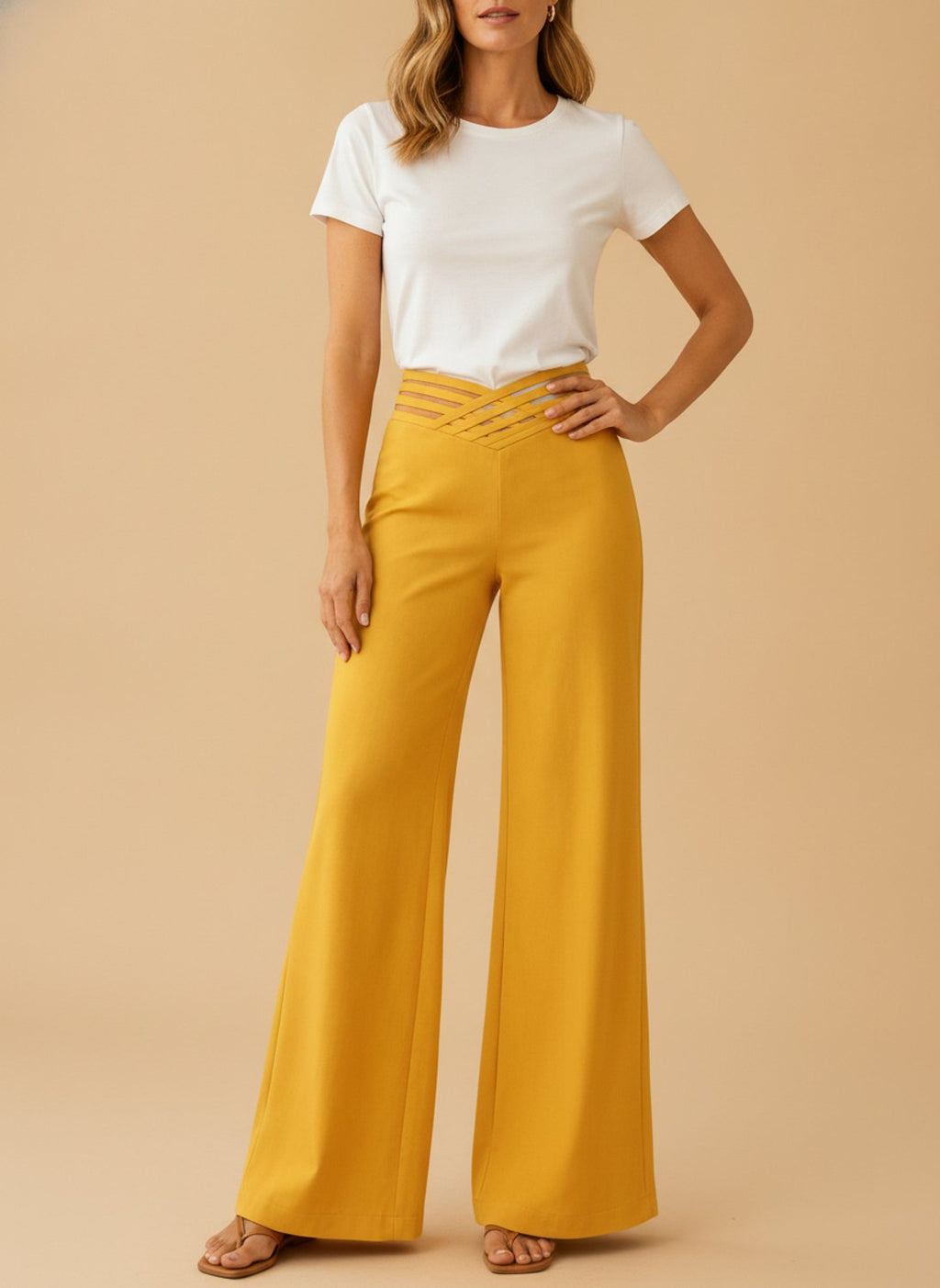 Women's High-Waist Wide-Leg Crossover Waistband Pants - Yellow
