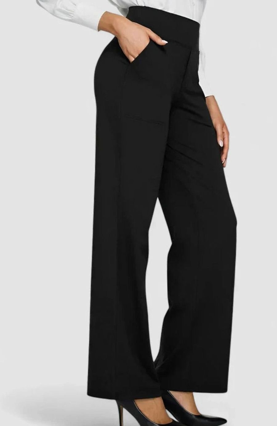 Women's High-Waist Wide-Leg Dressy Trousers Pockets - Black