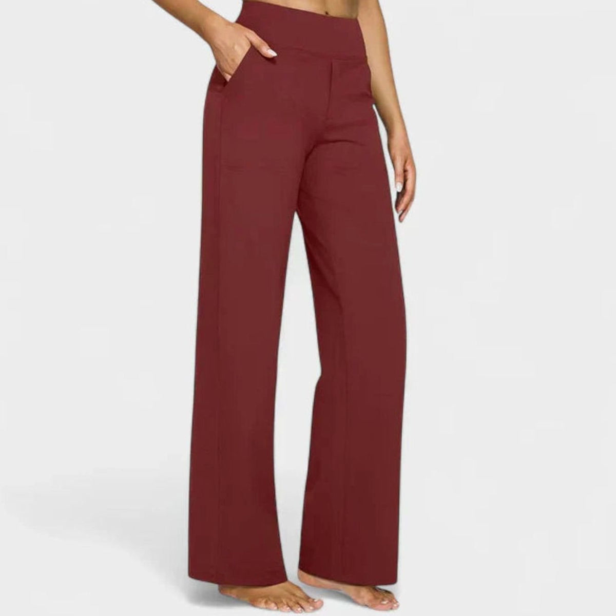 Women's High-Waist Wide-Leg Dressy Trousers Pockets - Red