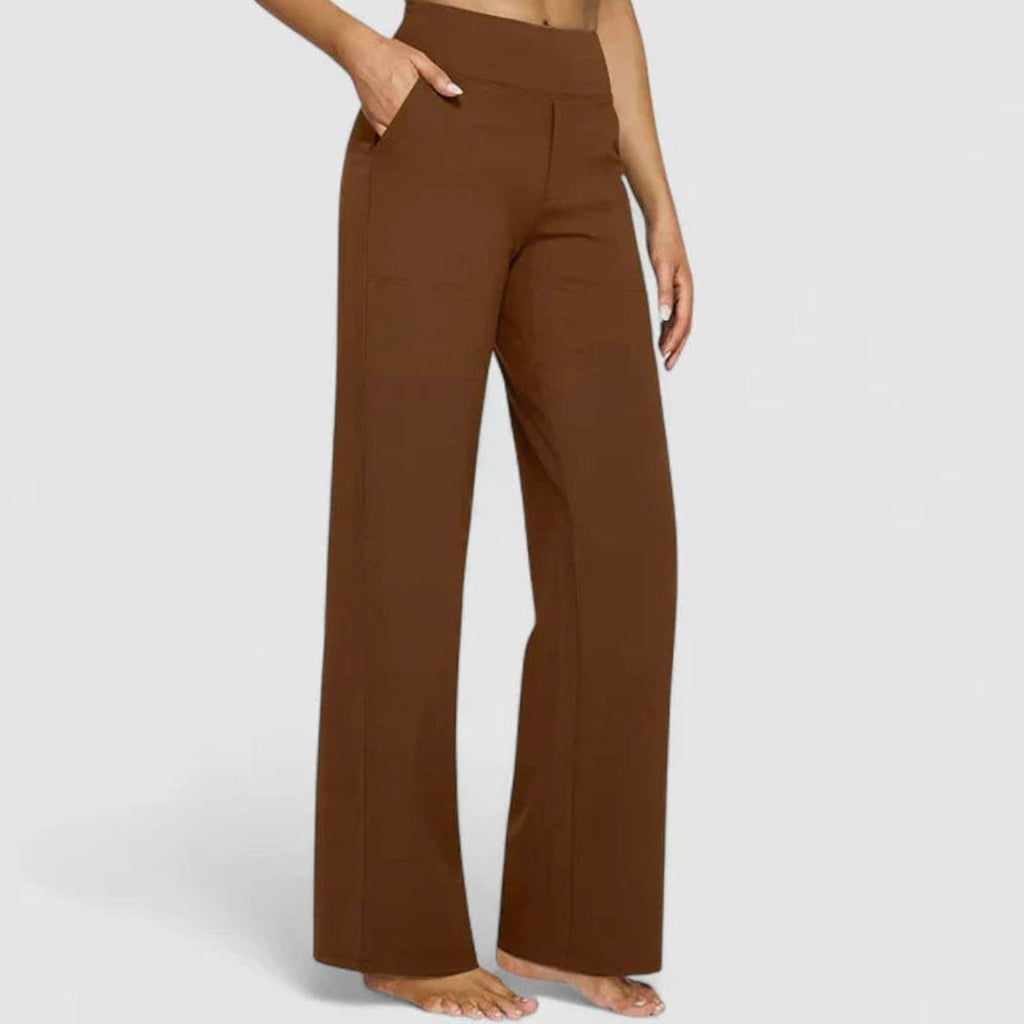 Women's High-Waist Wide-Leg Dressy Trousers Pockets - Brown