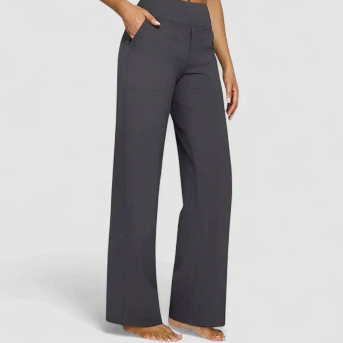 Women's High-Waist Wide-Leg Dressy Trousers Pockets - Grey
