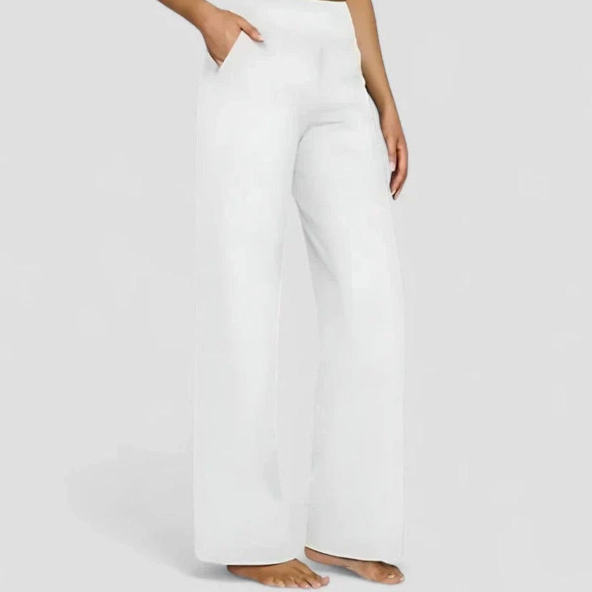 Women's High-Waist Wide-Leg Dressy Trousers Pockets - White