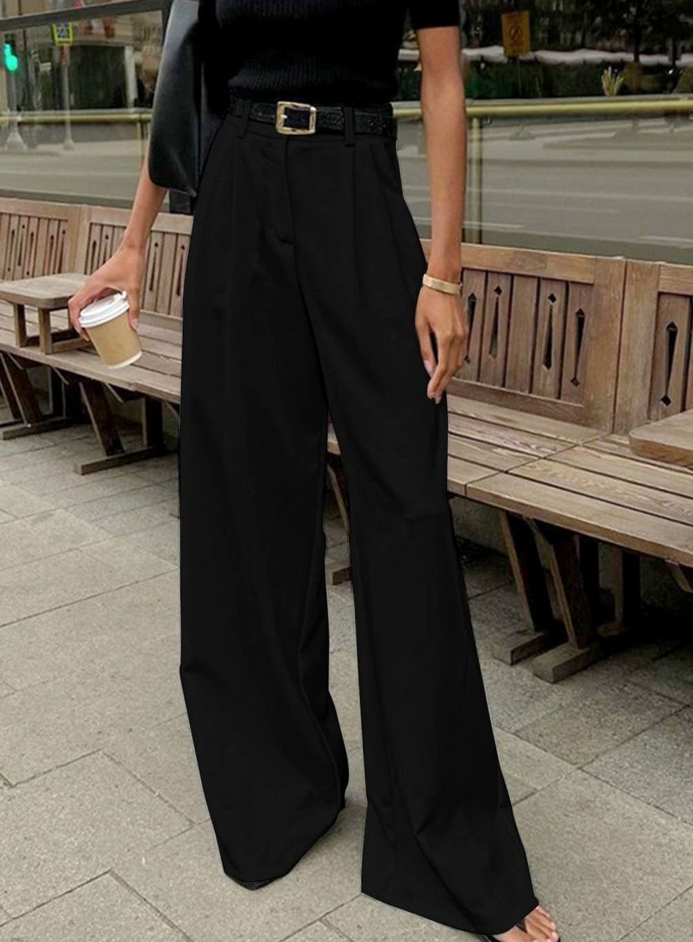 Women's High-Waist Wide-Leg Tailored Trousers - Black