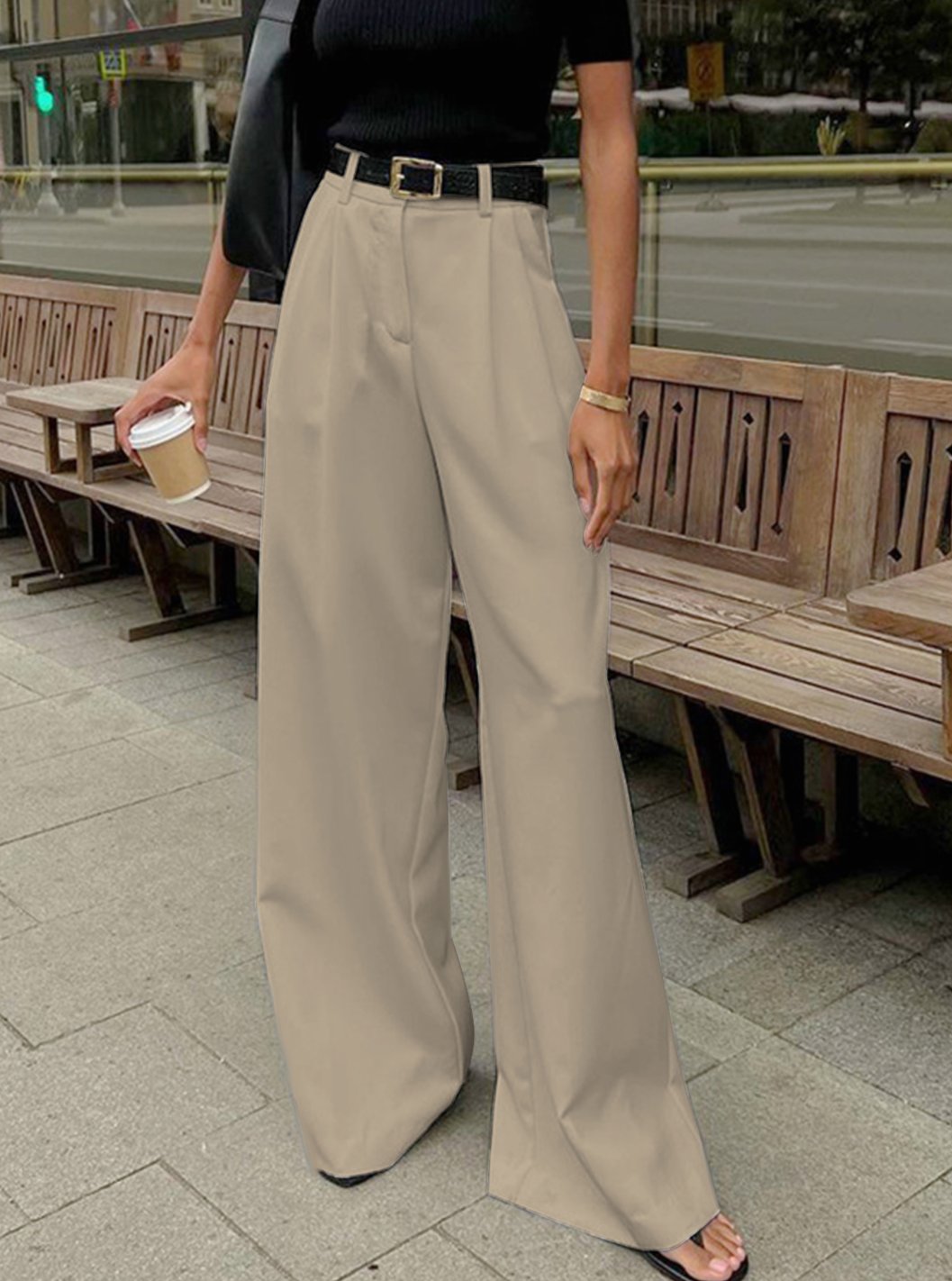Women's High-Waist Wide-Leg Tailored Trousers - Khaki