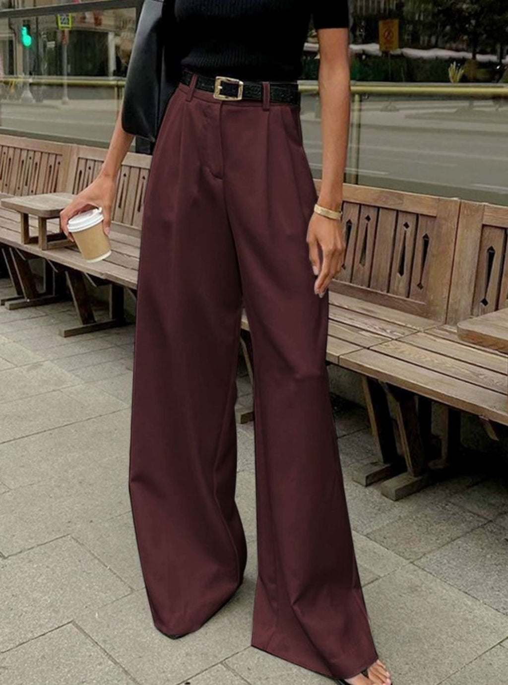 Women's High-Waist Wide-Leg Tailored Trousers - Burgundy