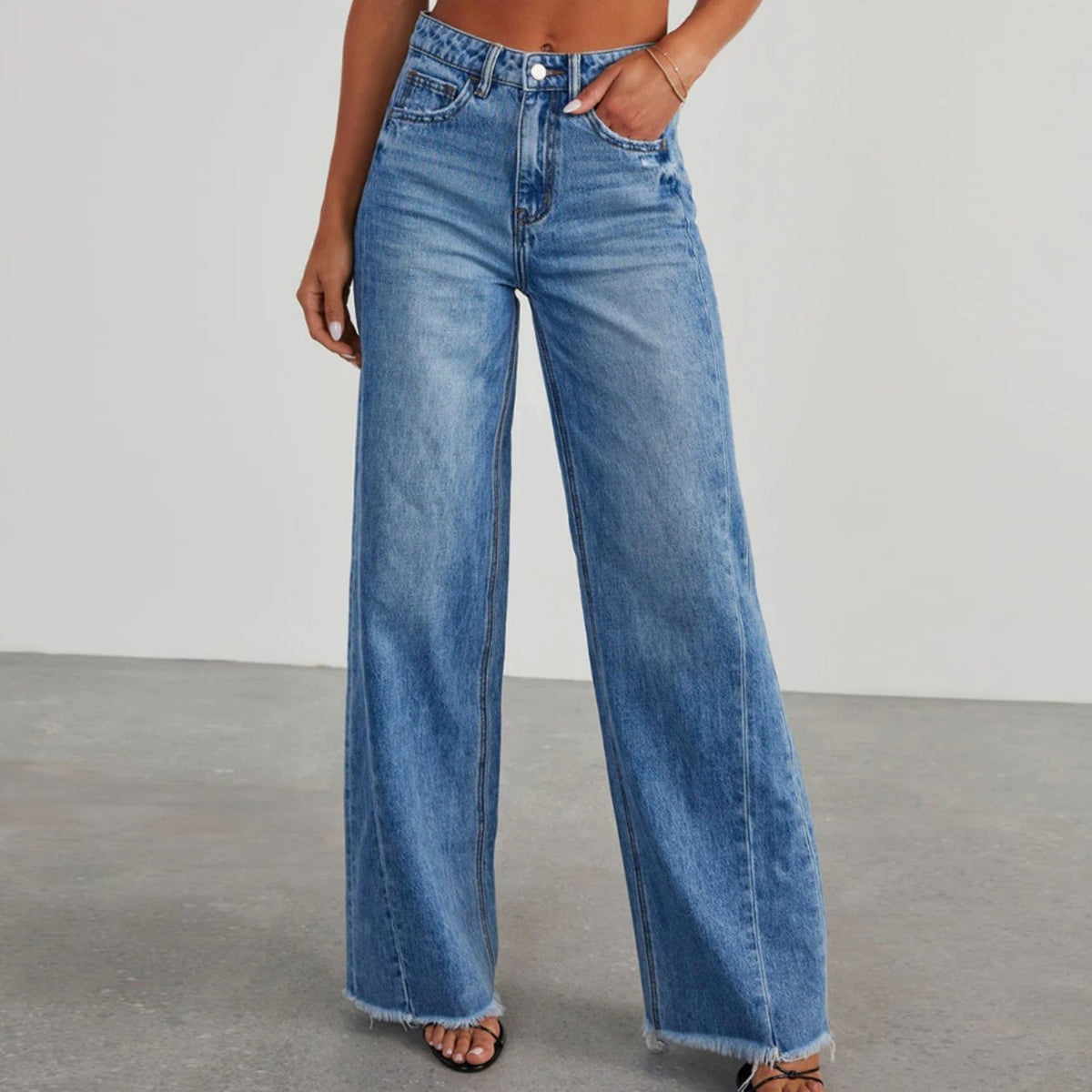 Women's High-Waisted Wide-Leg Raw-Hem Denim Jeans - Blue