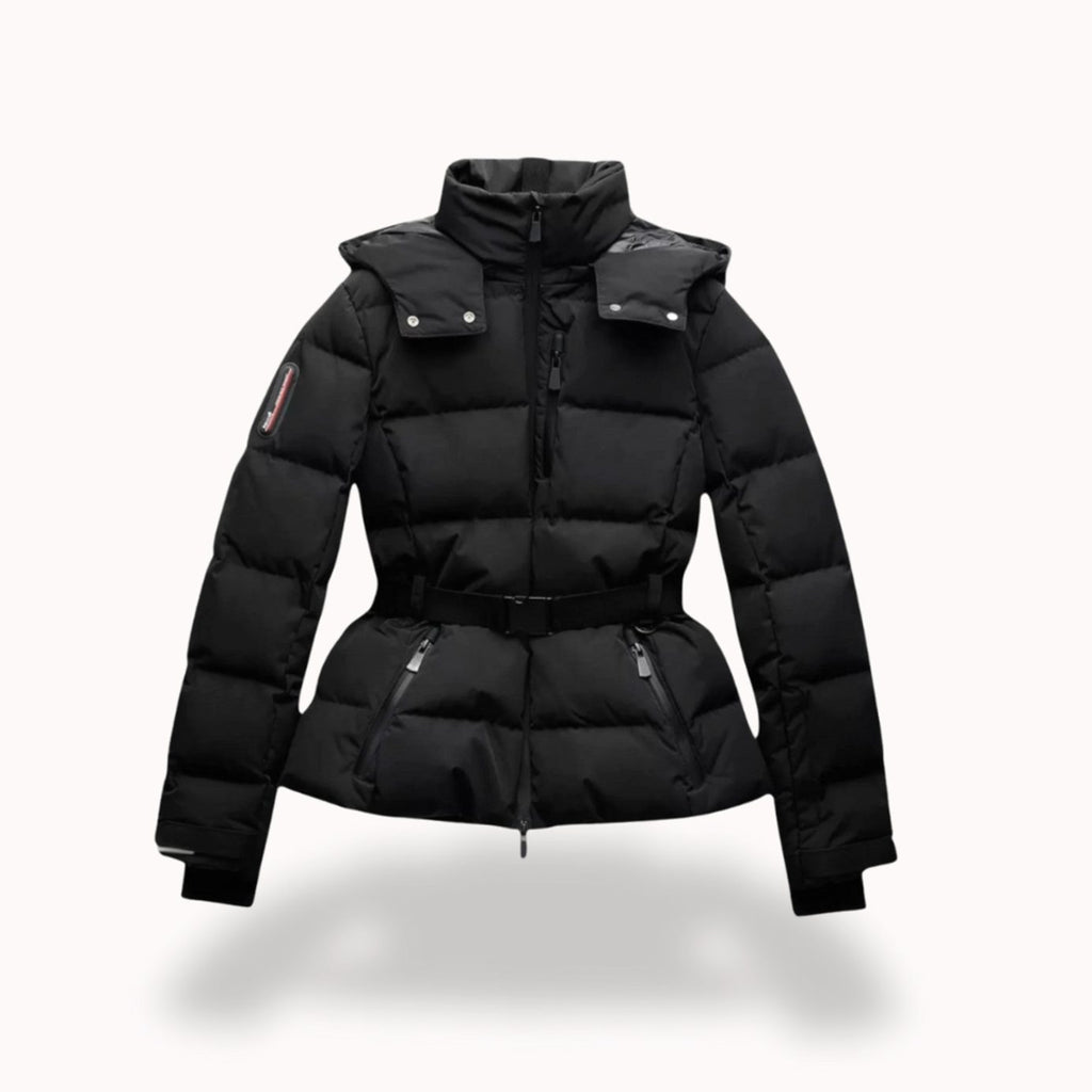 Women's Hooded Belted Quilted Puffer Jacket - Black