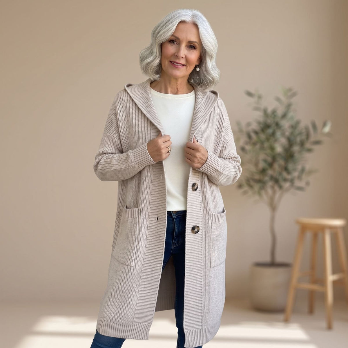 Women's Hooded Button-Front Longline Knit Cardigan - Beige