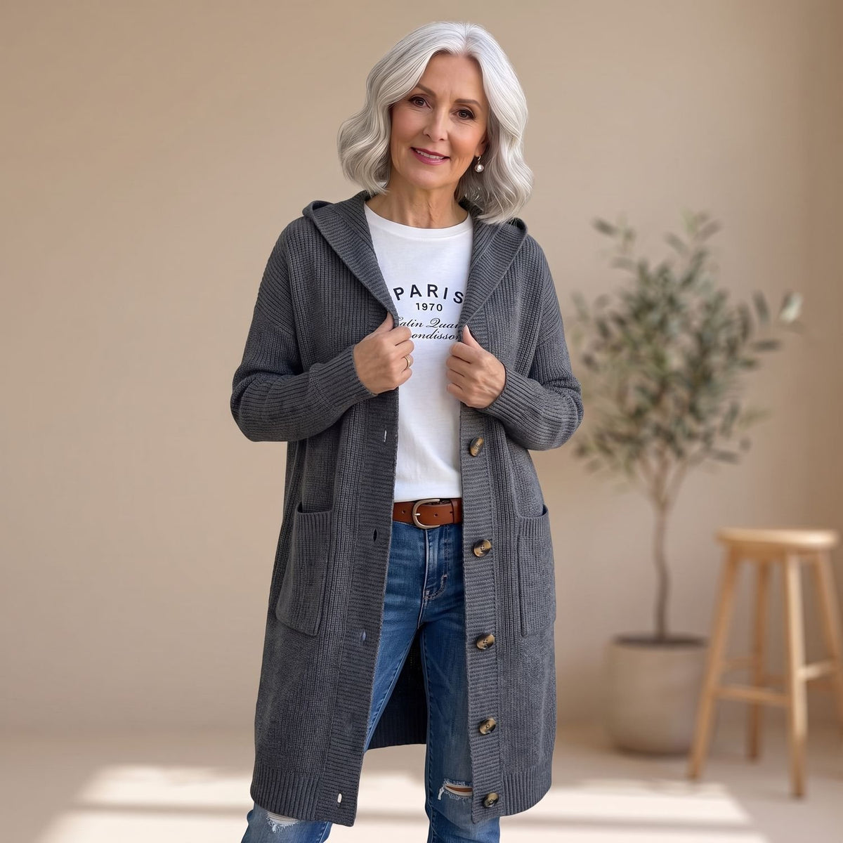 Women's Hooded Button-Front Longline Knit Cardigan - Gray