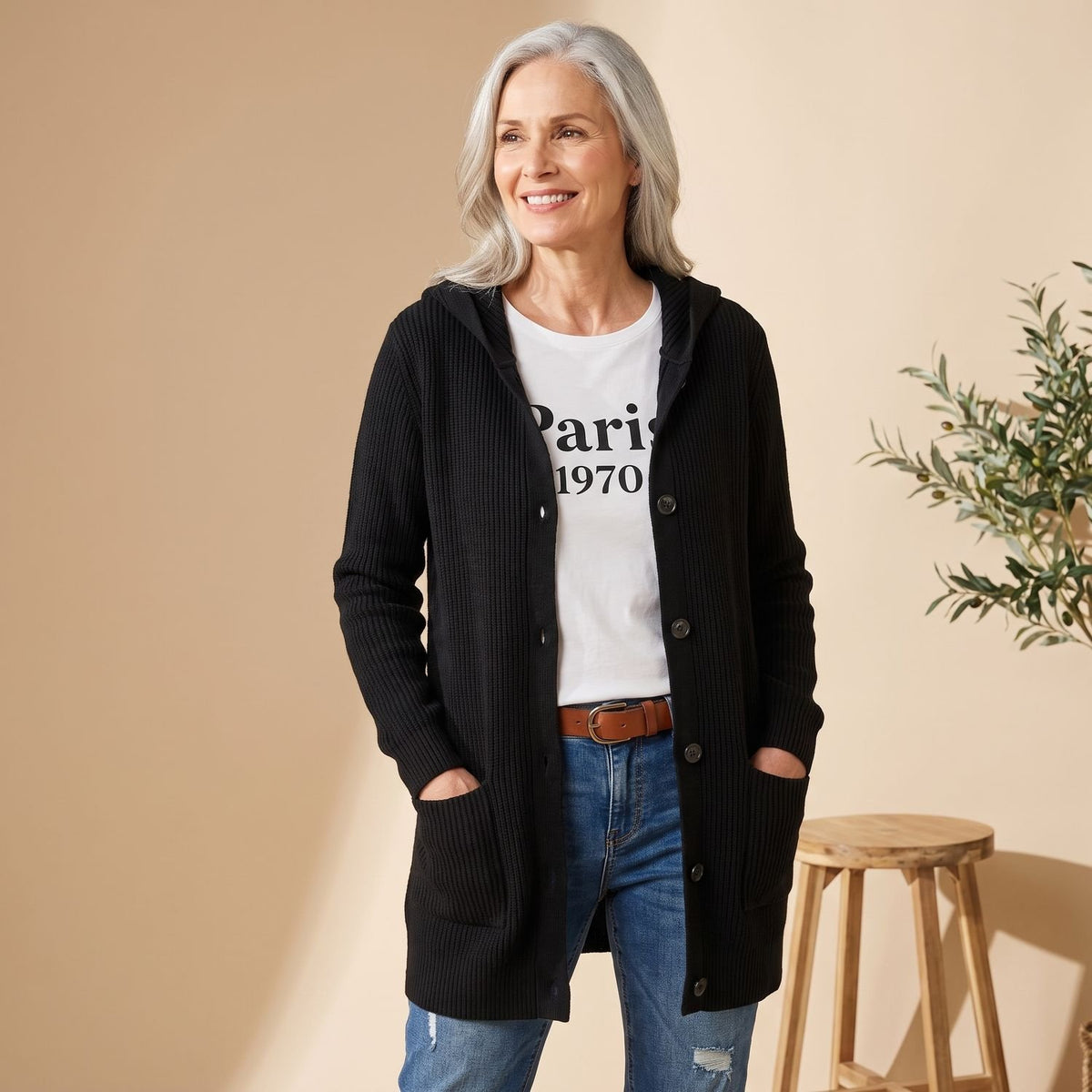 Women's Hooded Button-Front Longline Knit Cardigan - Black