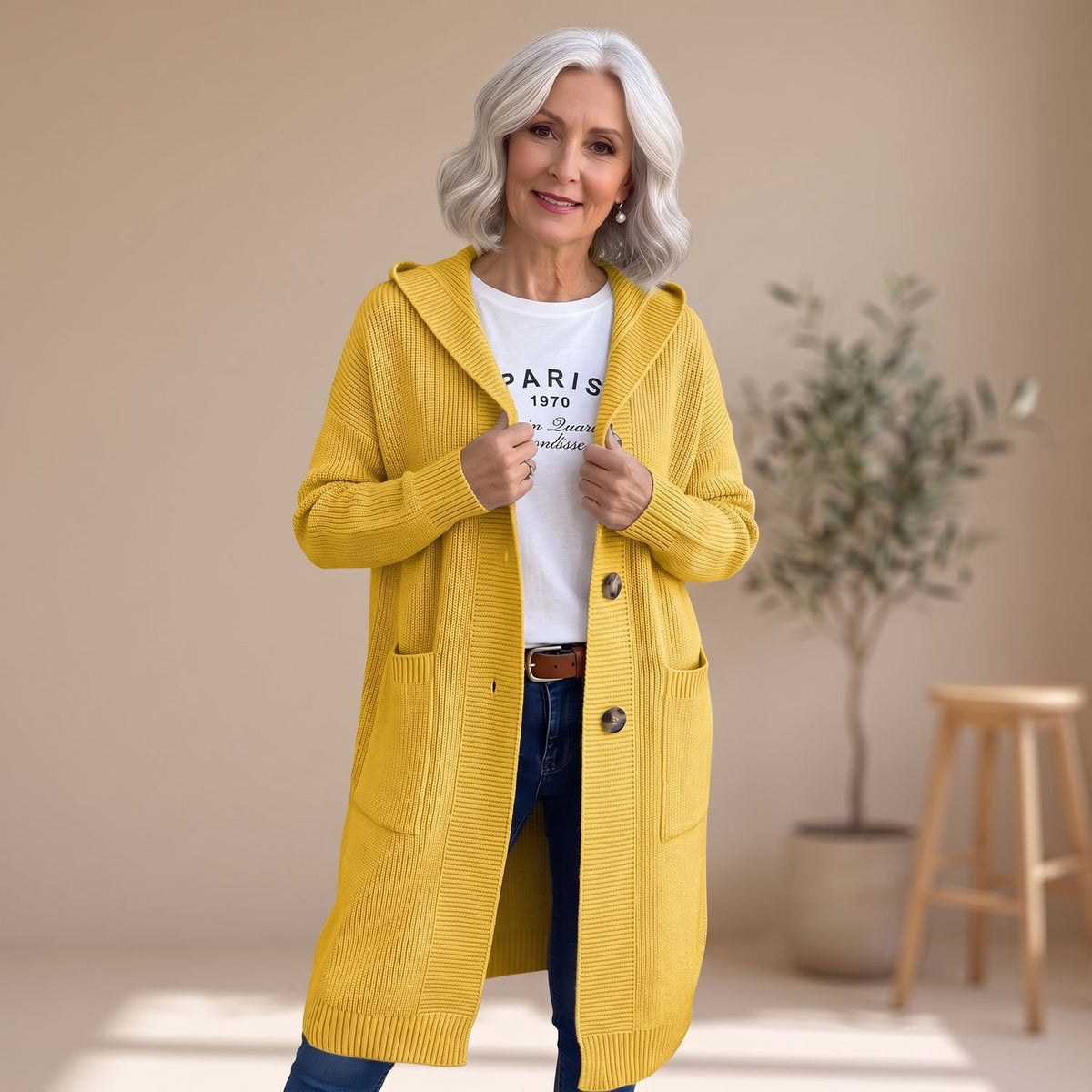 Women's Hooded Button-Front Longline Knit Cardigan - Yellow