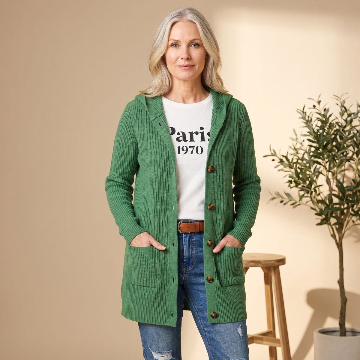 Women's Hooded Button-Front Longline Knit Cardigan - Green