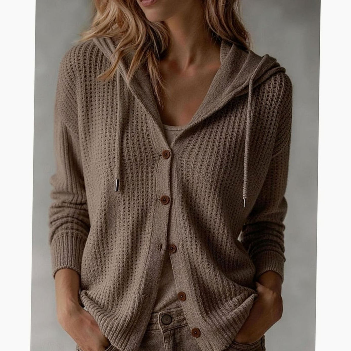 Women's Hooded Button-Front Ribbed Knit Cardigan - Khaki