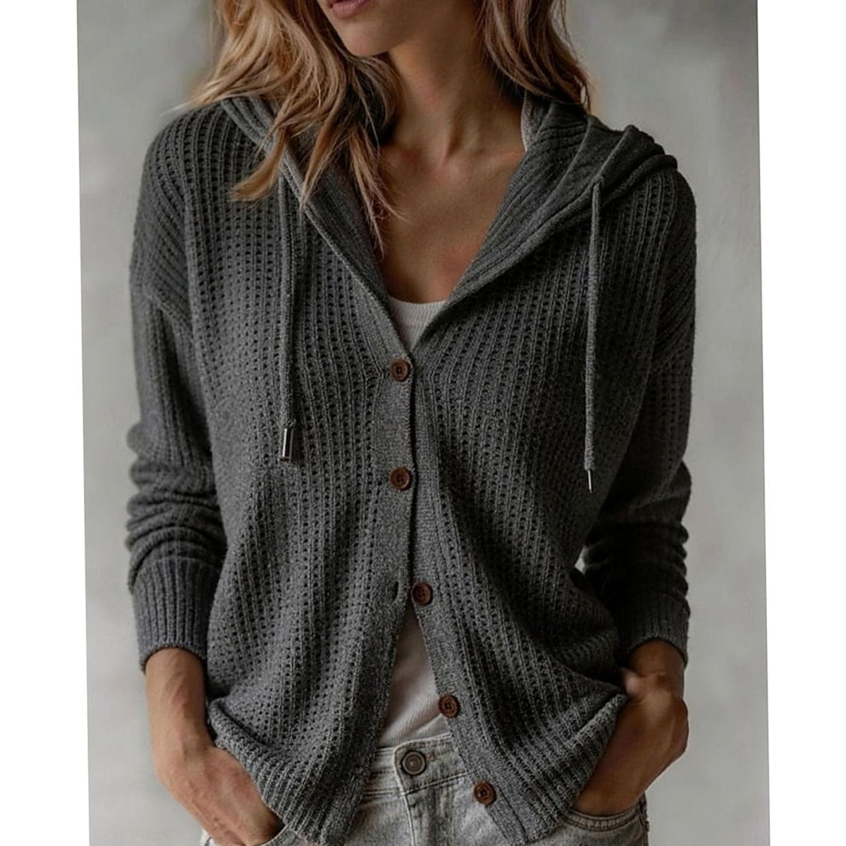 Women's Hooded Button-Front Ribbed Knit Cardigan - Gray