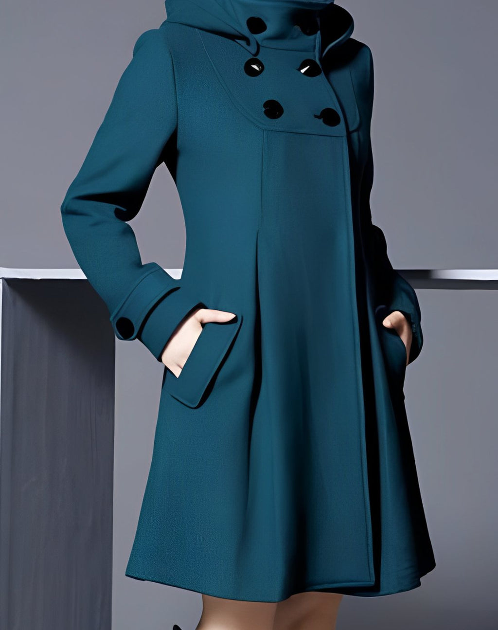 Women's Hooded Double-Breasted Button-Down A-Line Coat - Dark Green
