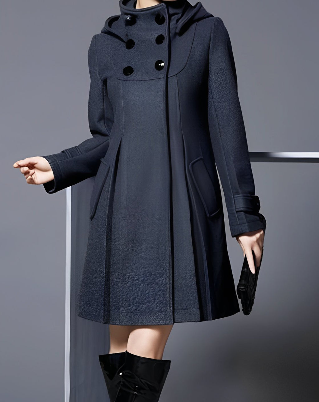 Women's Hooded Double-Breasted Button-Down A-Line Coat - Dark Gray