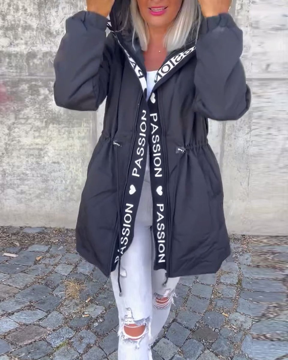 Women's Hooded Drawstring Midi Parka Coat - Black