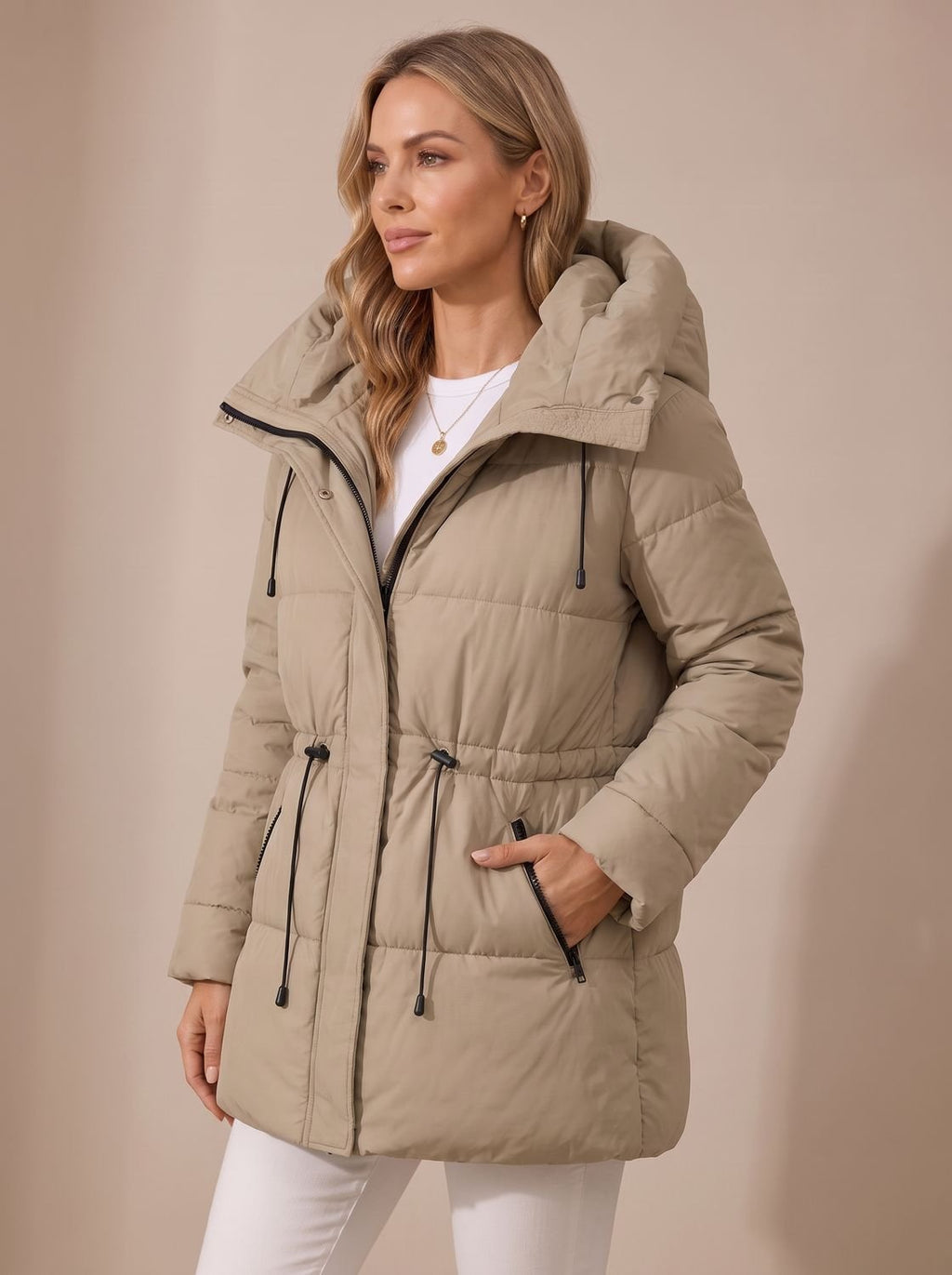 Women's Hooded Drawstring-Waist Quilted Puffer Jacket - Beige