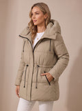 Women's Hooded Drawstring-Waist Quilted Puffer Jacket - Beige