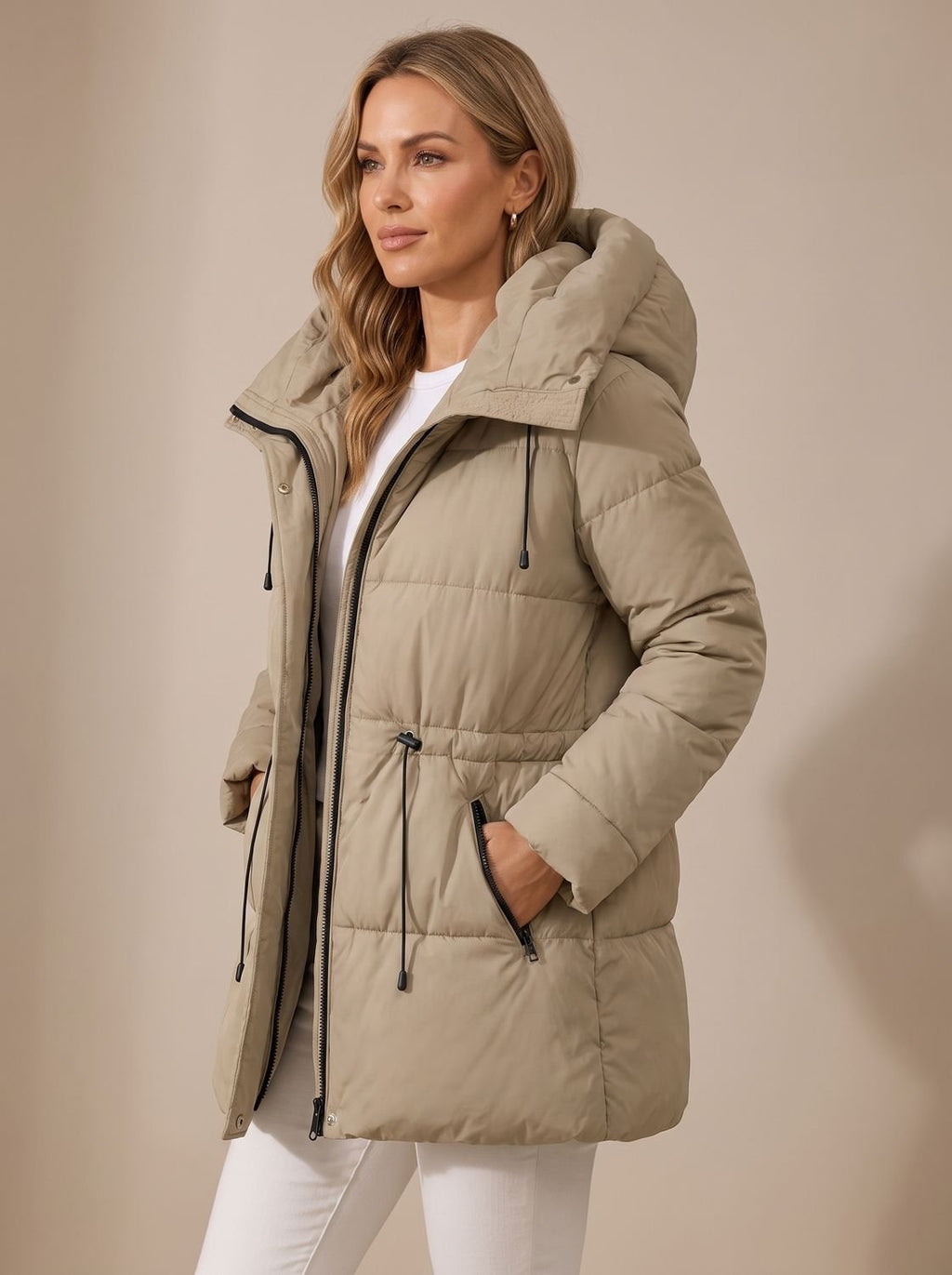 Women's Hooded Drawstring-Waist Quilted Puffer Jacket
