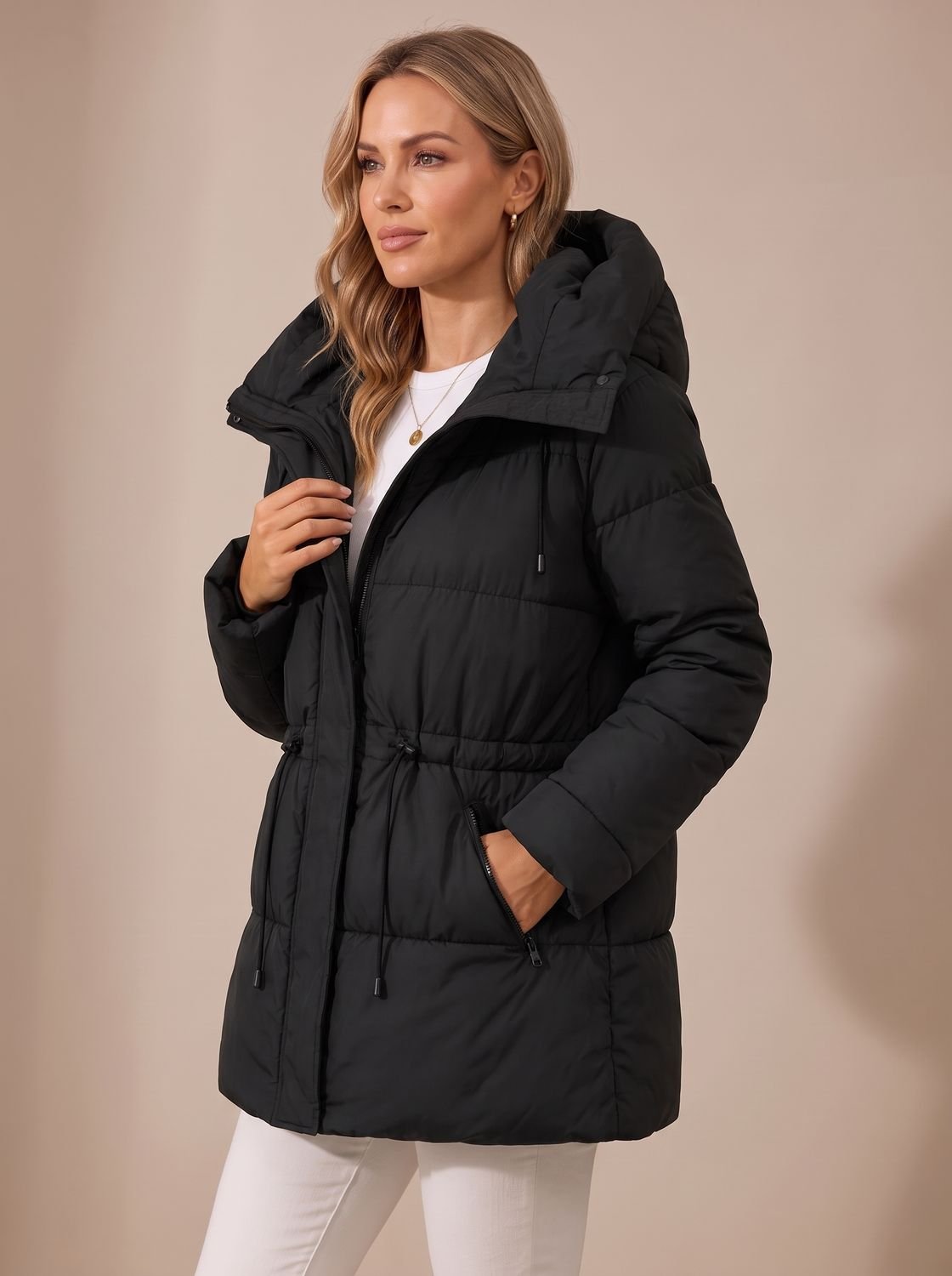 Women's Hooded Drawstring-Waist Quilted Puffer Jacket - Black