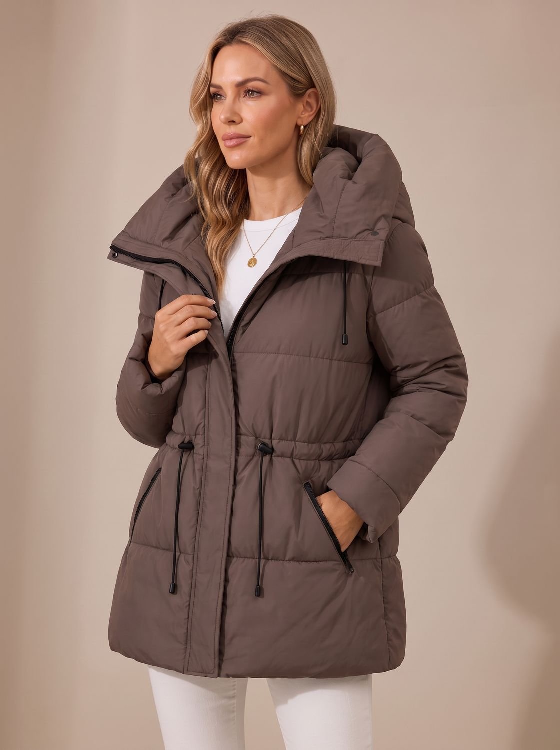 Women's Hooded Drawstring-Waist Quilted Puffer Jacket - Brown