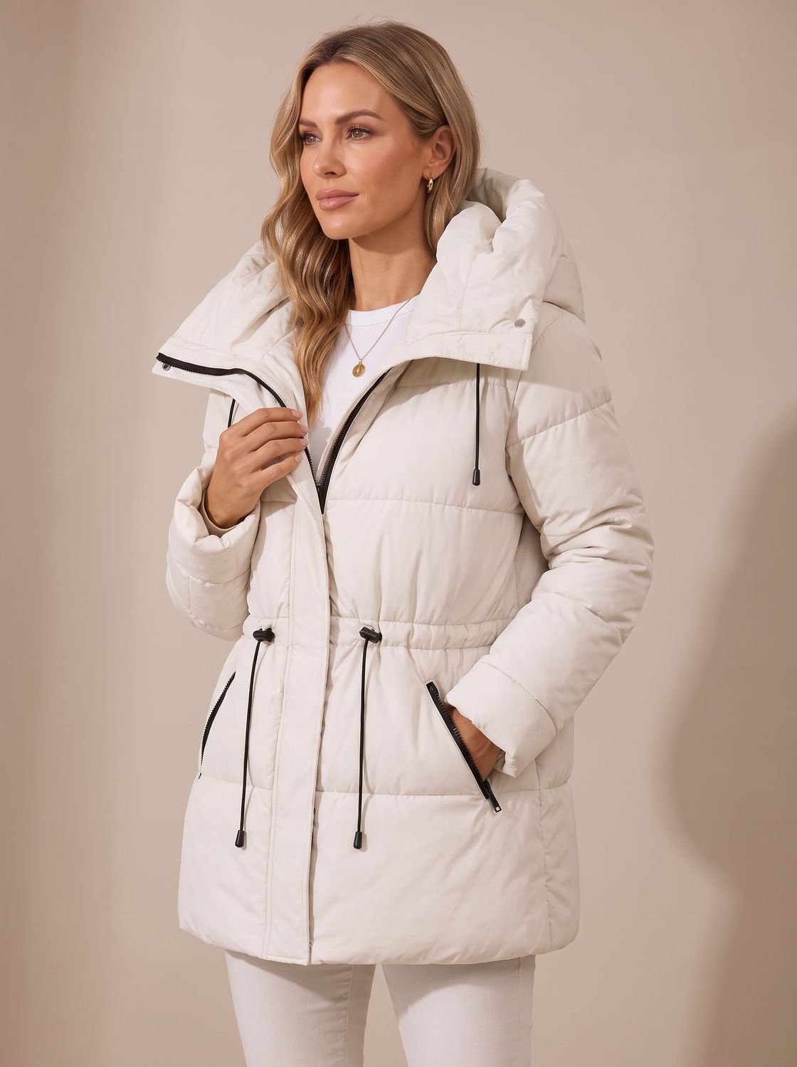 Women's Hooded Drawstring-Waist Quilted Puffer Jacket - White
