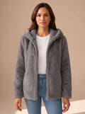 Women's Hooded Faux Fur Coat Zip-Up Teddy Fleece Jacket - Gray