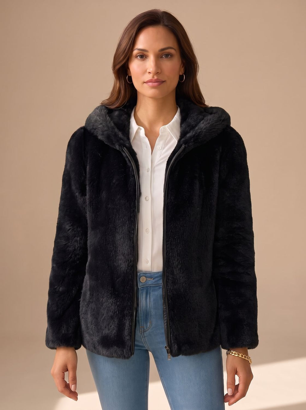Women's Hooded Faux Fur Coat Zip-Up Teddy Fleece Jacket - Black