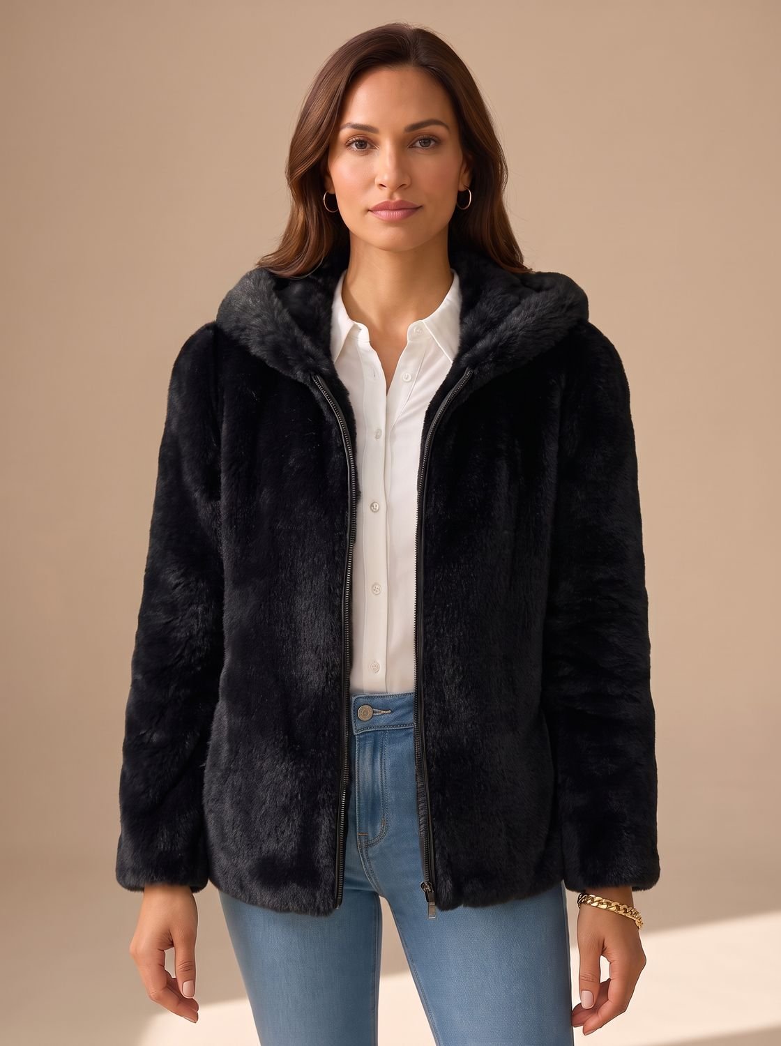 Women's Hooded Faux Fur Coat Zip-Up Teddy Fleece Jacket - Black