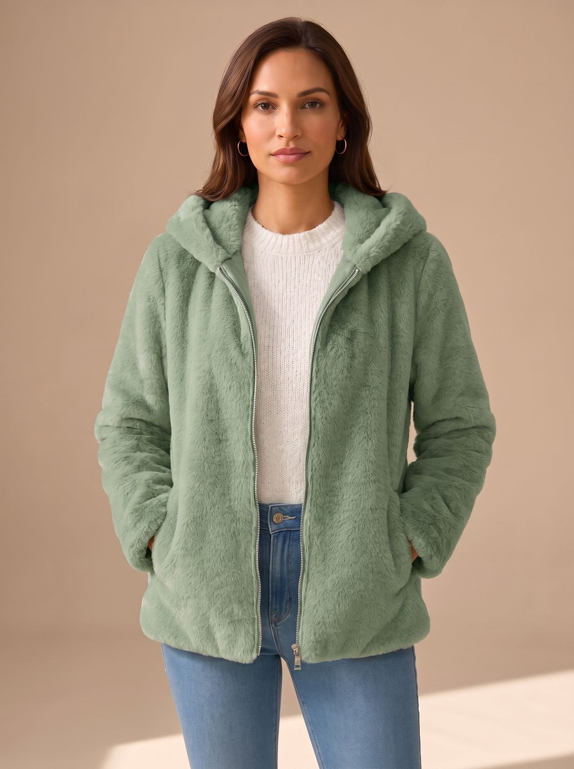 Women's Hooded Faux Fur Coat Zip-Up Teddy Fleece Jacket - Green