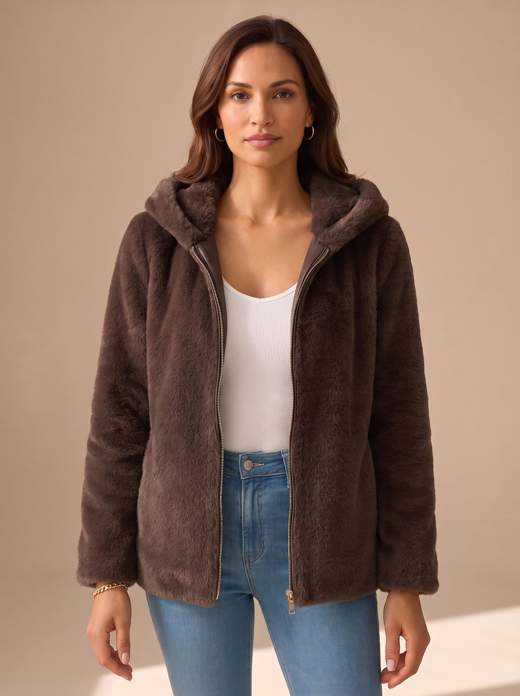 Women's Hooded Faux Fur Coat Zip-Up Teddy Fleece Jacket - Brown