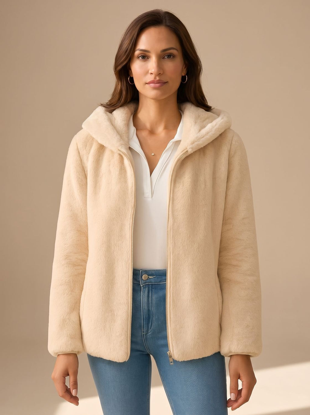 Women's Hooded Faux Fur Coat Zip-Up Teddy Fleece Jacket - Light Brown