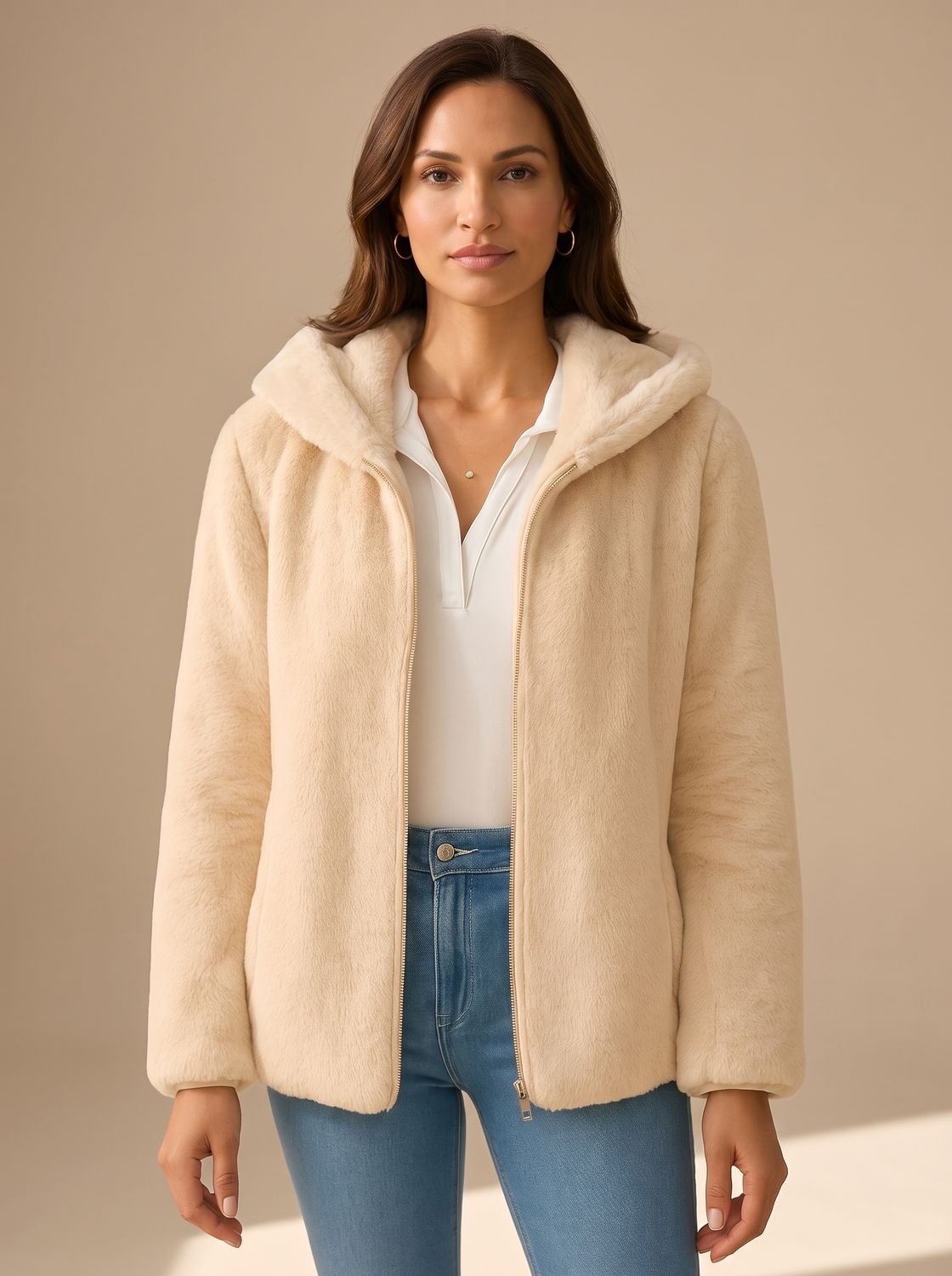 Women's Hooded Faux Fur Coat Zip-Up Teddy Fleece Jacket - Light Brown