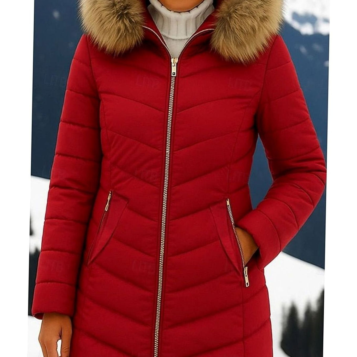 Women's Hooded Faux-Fur Trim Quilted Jacket Puffer Coat - Burgundy