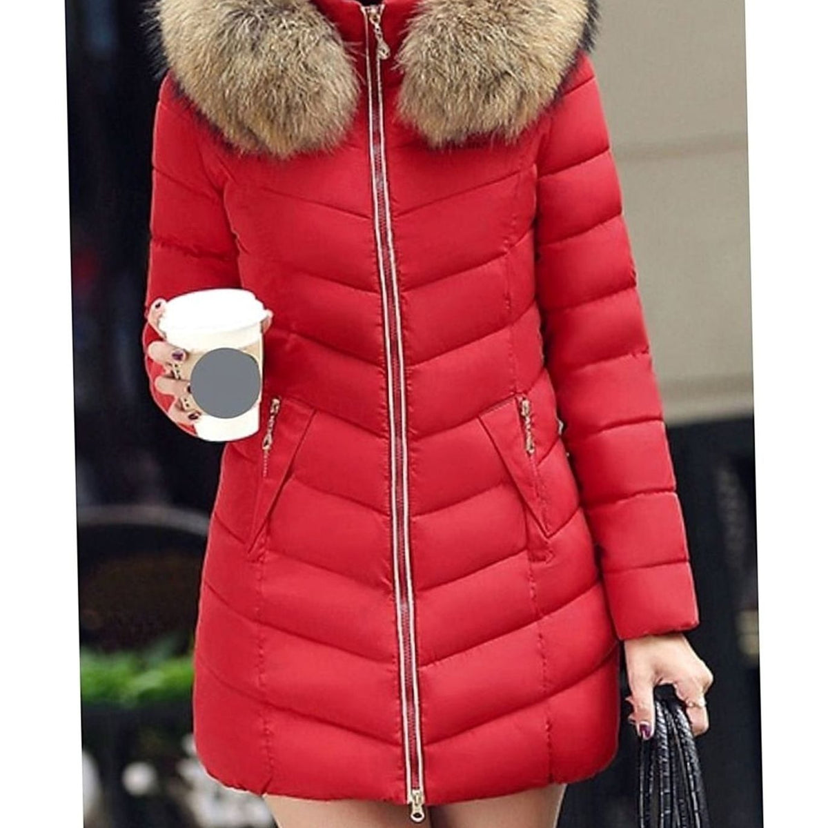 Women's Hooded Faux-Fur Trim Quilted Jacket Puffer Coat - Red