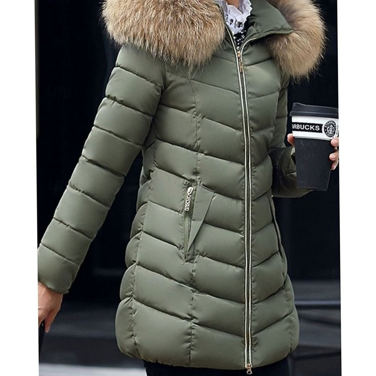 Women's Hooded Faux-Fur Trim Quilted Jacket Puffer Coat - Olive Green