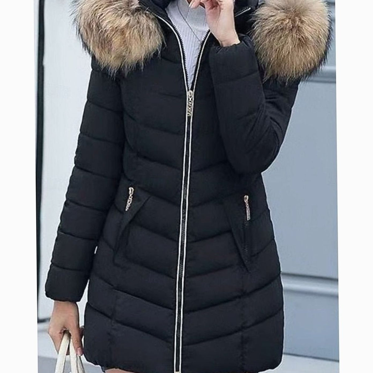 Women's Hooded Faux-Fur Trim Quilted Jacket Puffer Coat - Black