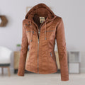 Women's Hooded Faux Leather Moto Coat Zip-Up Biker Jacket - Khaki