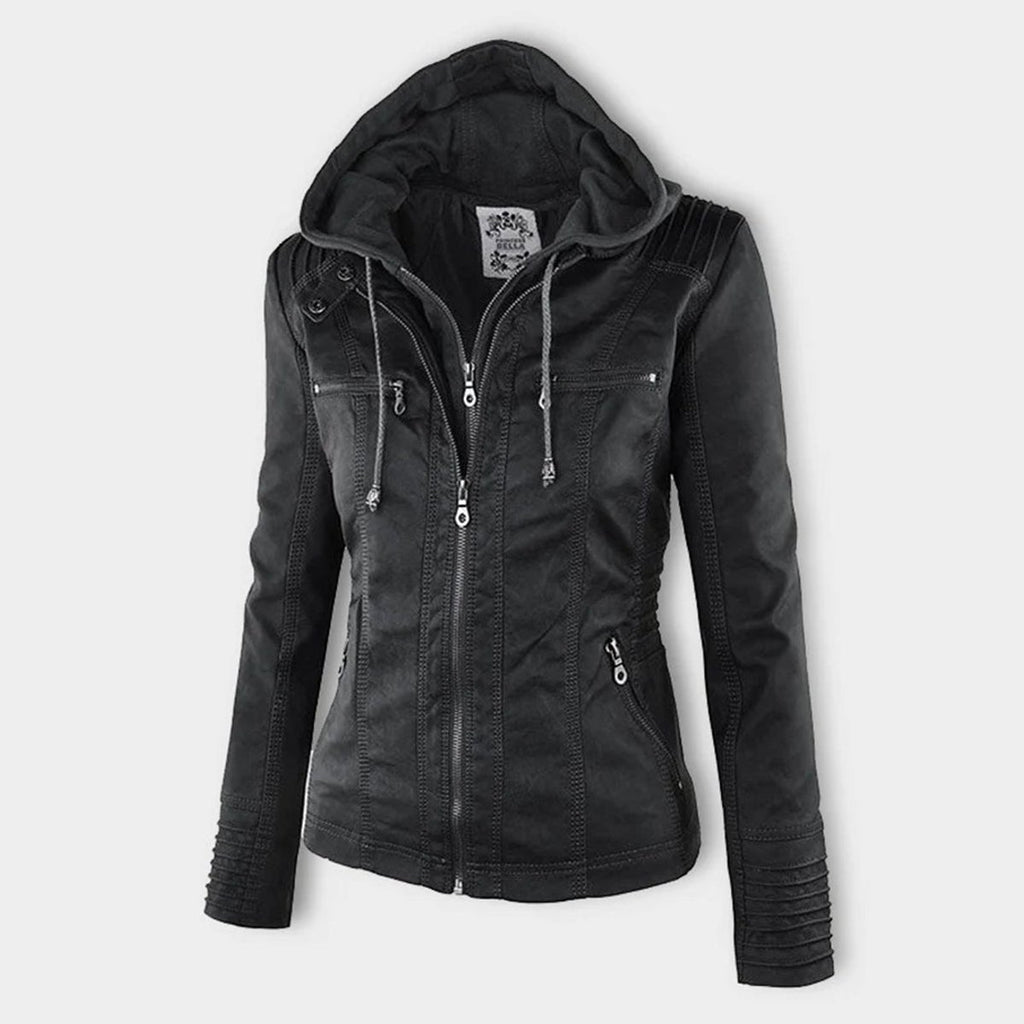 Women's Hooded Faux Leather Moto Coat Zip-Up Biker Jacket