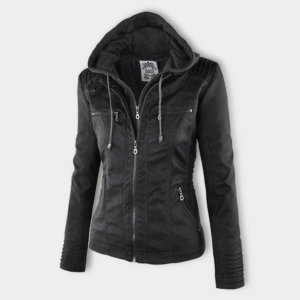 Women's Hooded Faux Leather Moto Coat Zip-Up Biker Jacket